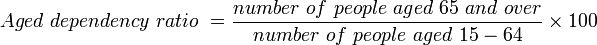 Aged\ dependency\ ratio\ = \frac{number\ of\ people\ aged\ 65\ and\ over} {number\ of\ people\ aged\ 15-64} \times 100